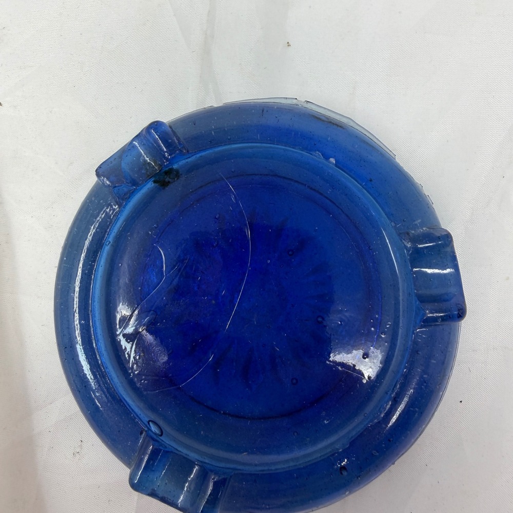 Vintage Cobalt Blue Glass Ashtray Sunburst Starburst Pattern 3 Rest Round MCM